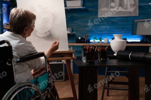 Preview: Old woman with disability creating drawing of vase from table