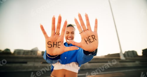 Preview: Hands, pronouns and person with she, her and happy for gender, inclusion and sexuality with opinion