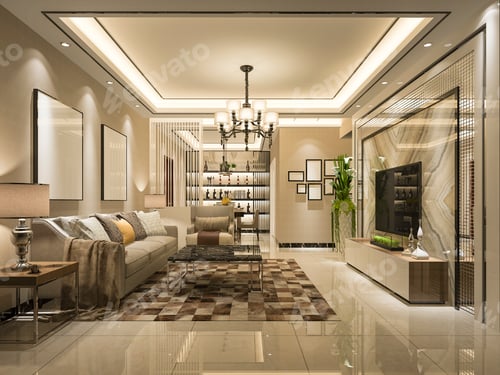 Preview: 3d rendering modern dining room and living room with luxury decor