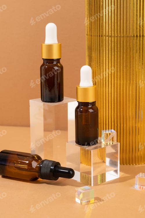 Preview: Mockup of amber glass dropper bottles on glass transparent podiums