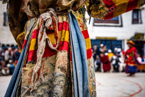 Preview: Old colorful cloth of an Ancient Tibetan Buddhist dancer at Tiji festival