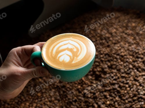 Preview: Hand holding cup of coffee over coffee roaster