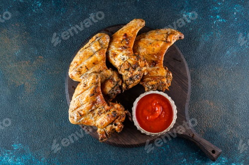 Preview: Grilled spicy chicken wings with ketchup on a black plate on a dark slate, stone
