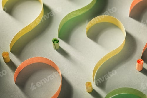 Preview: Colorful question marks of curled paper tape