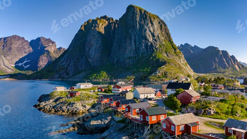 Preview: Picturesque view of Hamnoy Reine, Norway, featuring scenic mountains and a colorful fishing village