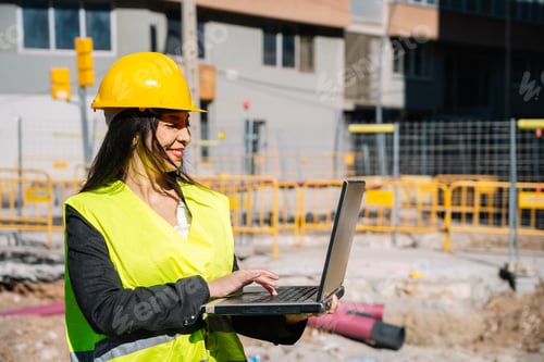 Preview: Busy Hispanic female inspector using laptop at construction site