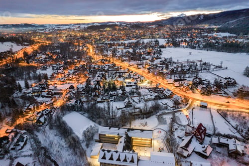Preview: Zakopane cityscape in winter, streets in snow, aerial drone view