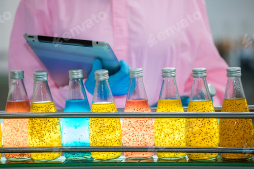 Preview: Worker Checking quality or checking stock of glass bottle in beverage factory.