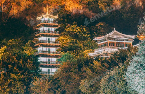 Preview: Night view of Confucius Temple by a hill in Liuzhou, Guangxi, China, Asia