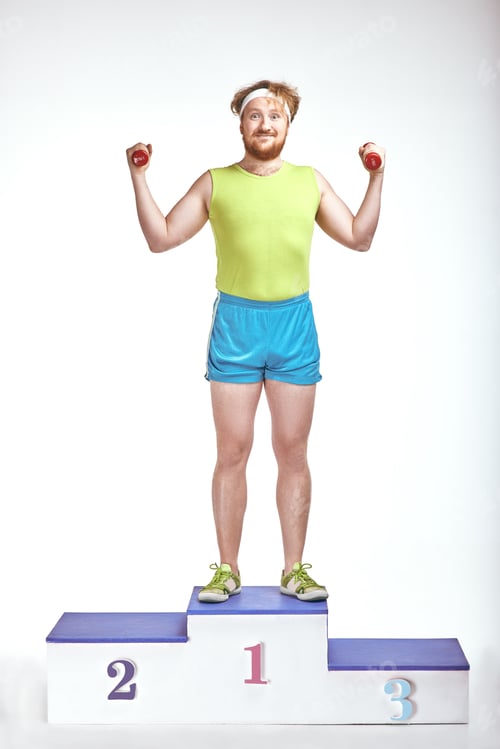 Preview: Red haired, bearded, plump man is standing on a pedestal