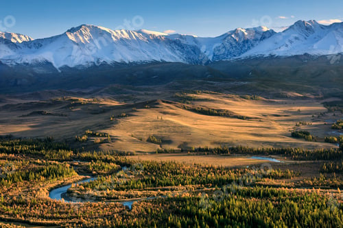 Preview: Autumn in Altai mountains. Chuya river, Kurai steppe and mountain range at sunset. Siberia, Russia