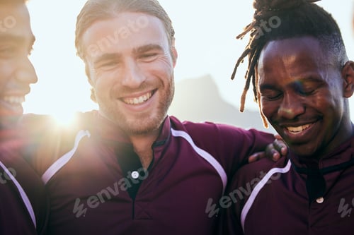 Preview: Happy, sports and teamwork with people on field for health, challenge and championship. Support, co