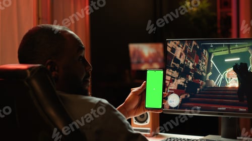 Preview: Isolated screen smartphone held by player competing in online game