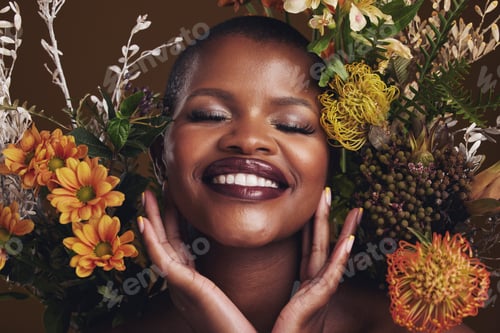Preview: Skincare, cosmetics and protea with the face of a black woman in studio on brown background for nat