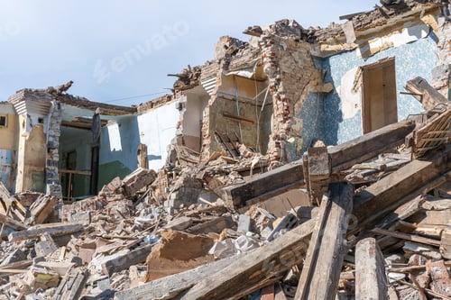 Preview: An abandoned house collapses. The house is destroyed. Cracks in wall of house. earthquakes