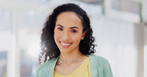 Preview: Portrait, home and woman with smile, happiness and positive mindset in living room. Face, person an