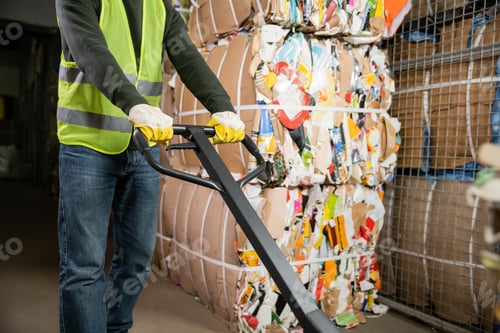 Preview: Cropped view of male sorter in protective gloves and vest using hand pallet truck