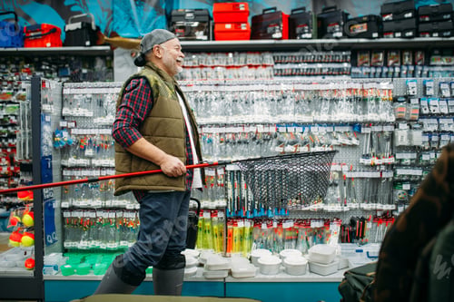Preview: Fisherman with net and toolbox in fishing shop