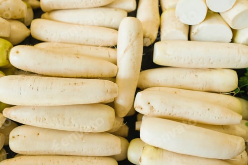 Preview: Background of White Daikon on Display in the Store or on the Market