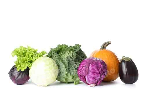 Preview: Cabbage, salad, pumpkin and eggplant isolated on white background