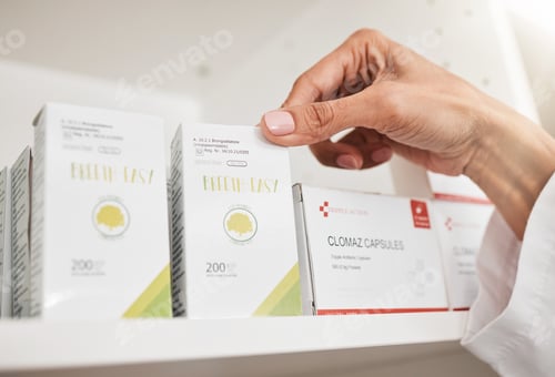 Preview: Person, pharmacist and hands with box on shelf for inventory inspection or checking stock at pharma