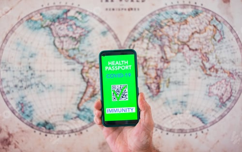 Preview: Human male hand holding mobile phone with green card passport, health certificate of vaccination