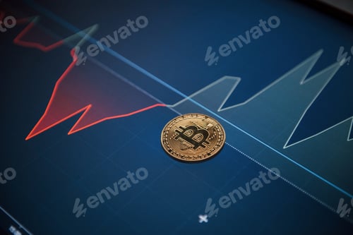 Preview: Modern digital currency. Picture of golden bitcoin lying on the display with graphs in office
