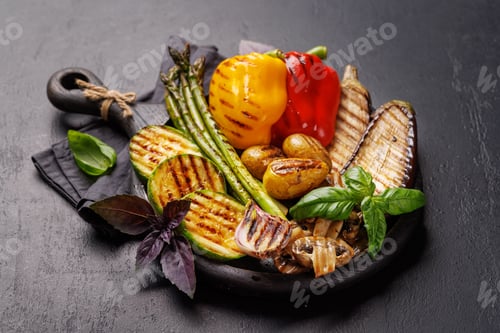 Preview: Assorted grilled vegetables including bell peppers, zucchini, eggplant, and asparagus