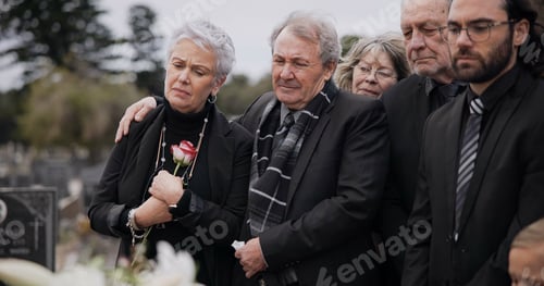 Preview: Death, funeral and elderly couple sad together at pain or grief for death and loss during a ceremon