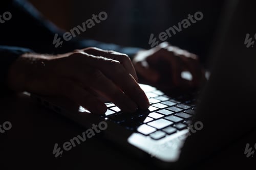 Preview: Businessman Typing Recent Updates On Lap Top Keyboard On Desk. Executive Inserting Data Into Pc.