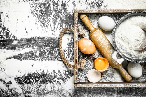 Preview: Dough backround. Flour with eggs and rolling pin.