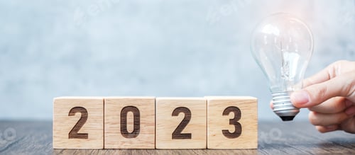 Preview: 2023 block with lightbulb. Business Idea, Creative, Thinking, plan, and New Year start concepts