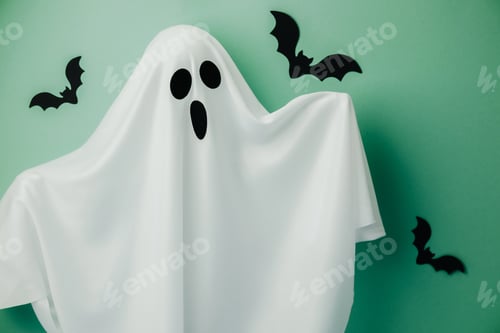 Preview: Spooky white ghost with wide eyes and open mouth on teal background with bats and spiders