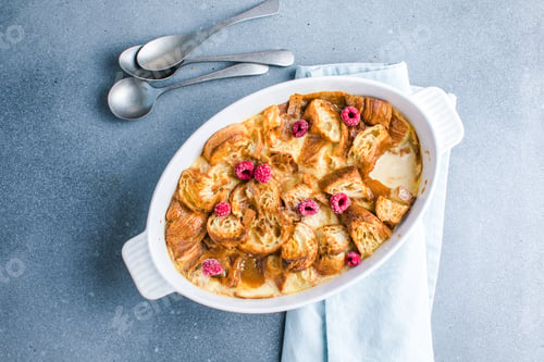 Preview: Croissant bread pudding with custard creamy sauce and vanilla ice cream very delicious dessert