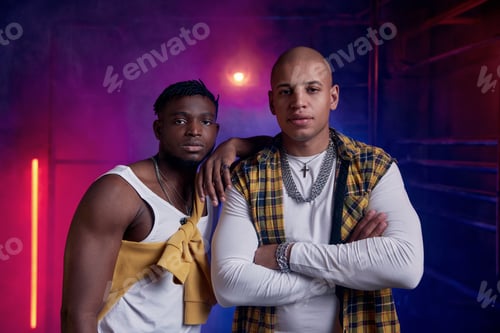 Preview: Portrait of two confident hipster hooligan with serious faces