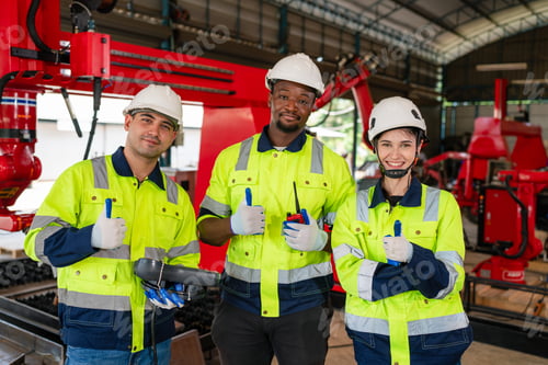 Preview: Portrait of team automation engineer standing in modern industrial factory.