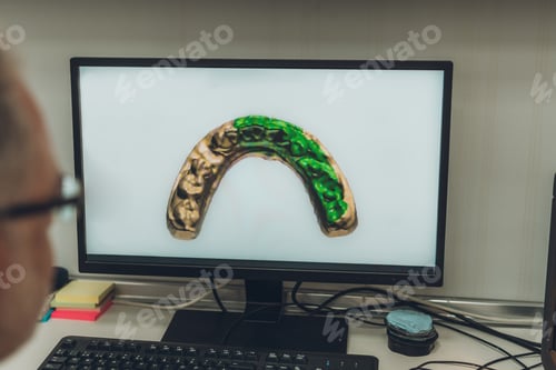 Preview: Professional looking at a computer screen with a scanned image of a dental mould in a laboratory