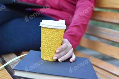 Preview: woman sitting on the bench, working on the laptop and drinking a cup of coffee in the park