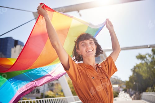 Preview: Portrait, pride and woman with smile and flag for lgbtq community, ally or lesbian with support and