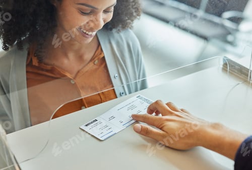 Preview: Travel, ticket and airport with black woman at check in desk for. registration, vacation and boardi