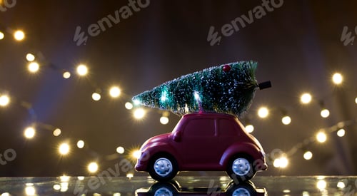 Preview: Red car with Christmas tree. Holiday background for greetings.
