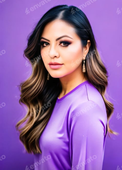 Preview: a woman with long hair and a purple top, looking into the camera
