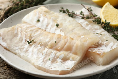 Preview: Fresh raw cod fillets with thyme and lemon on wooden table, closeup