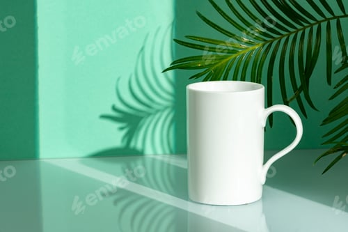 Preview: Porcelain mug and palm leaf against mint background