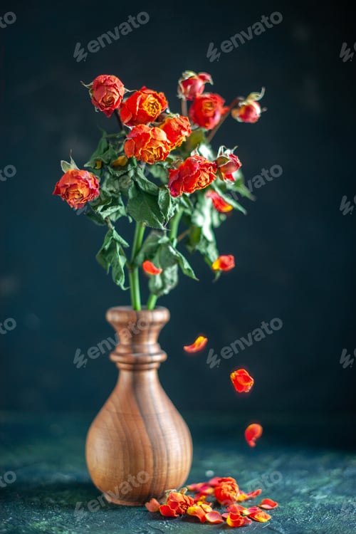 Preview: front view red withered flowers inside vase on dark background plant beauty flower color red