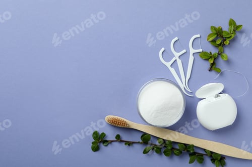 Preview: Oral care accessories on violet background, top view
