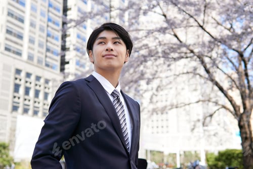 Preview: A smiling Japanese businessman stands against a backdrop of cherry blossoms in an office district.