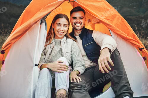 Preview: Happy Couple Relaxing in Camping Tent Outdoors