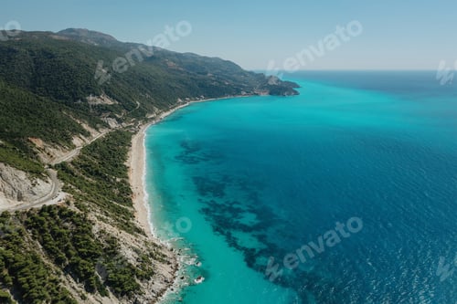 Preview: Aerial view over rocks landscape and blue sea in Greece