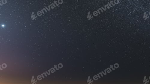 Preview: Night Starry Sky With Glowing Stars Above Countryside Field Landscape In Early Spring. Bright Glow